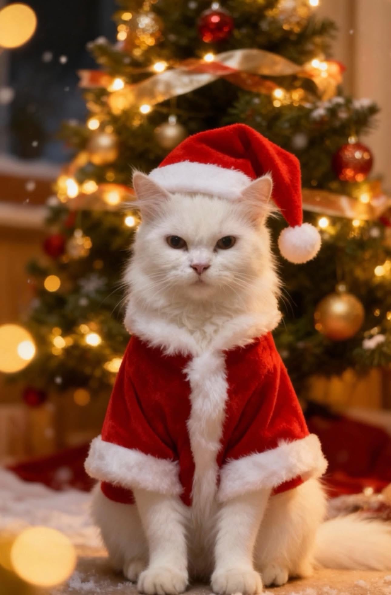 Rica's white cat wearing a red holiday cape