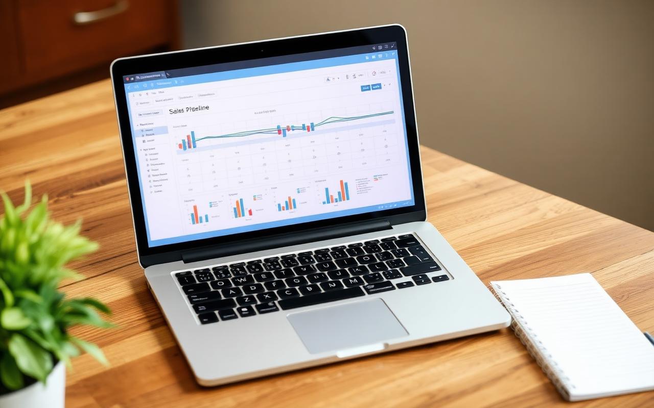 CRM pipeline dashboard on a laptop