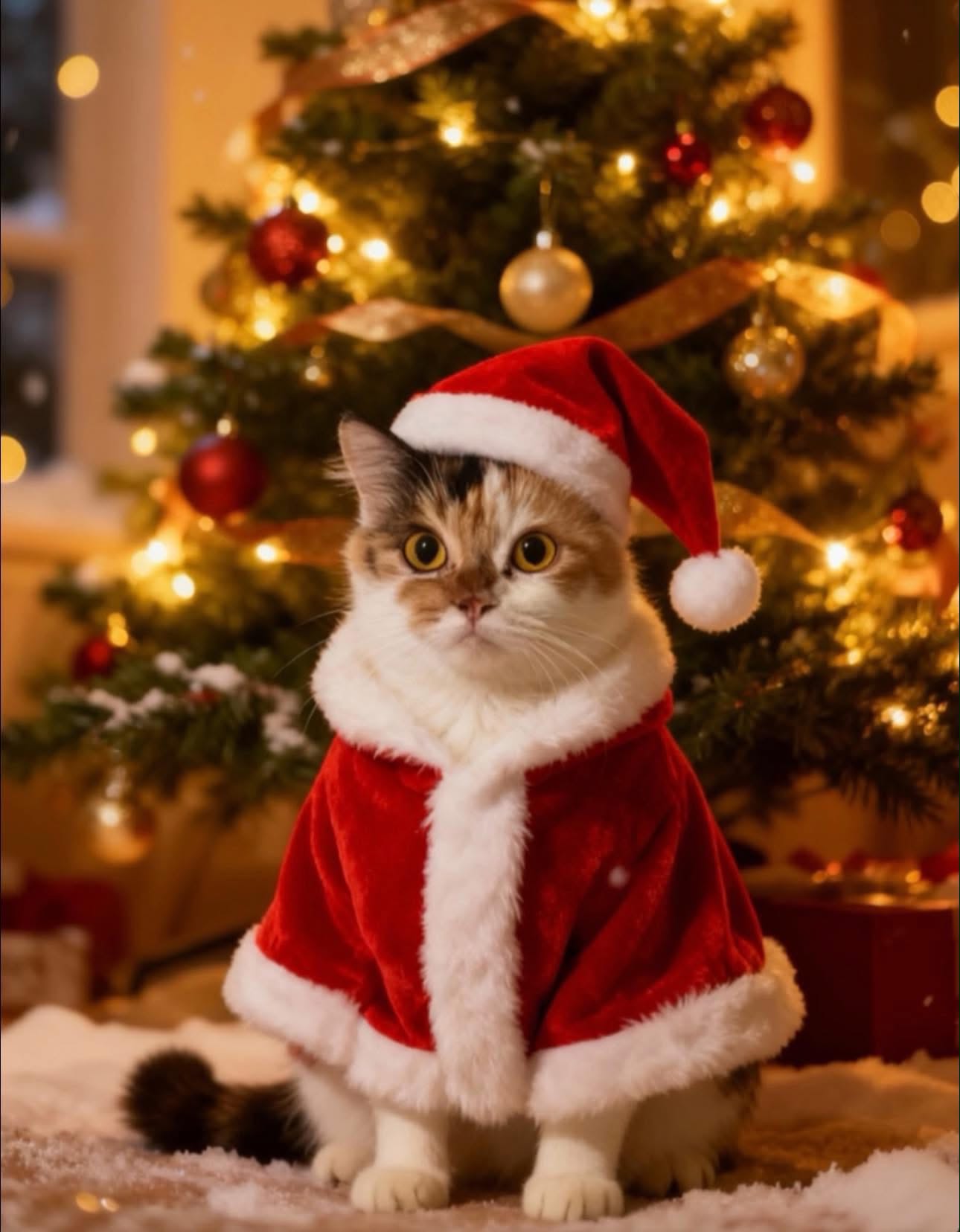 Rica's calico cat in a red holiday outfit