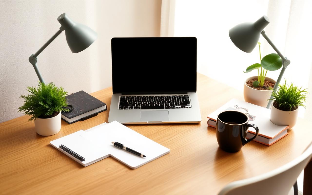 Virtual assistant workspace with planner and laptop