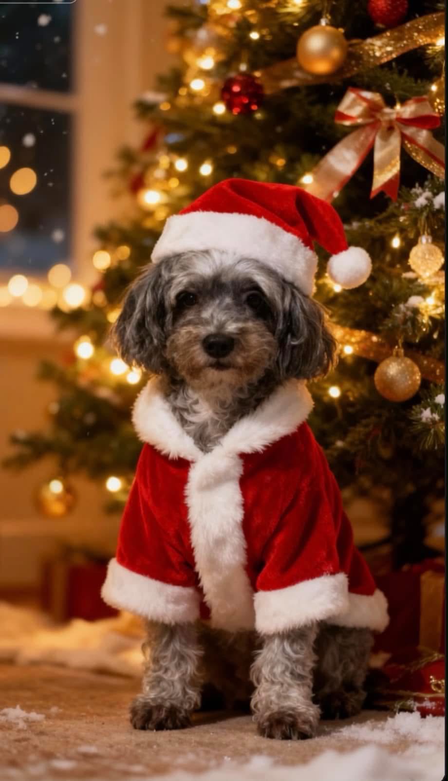 Rica's grey poodle mix posing in a red velvet coat