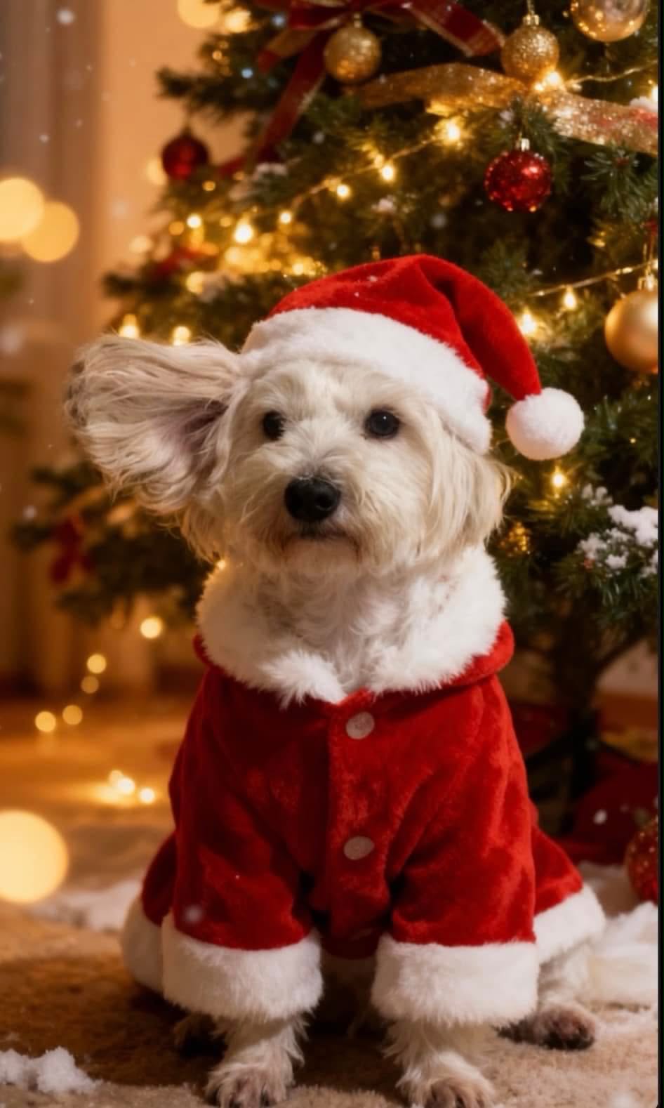 Rica's cream coloured dog wearing a red holiday hat