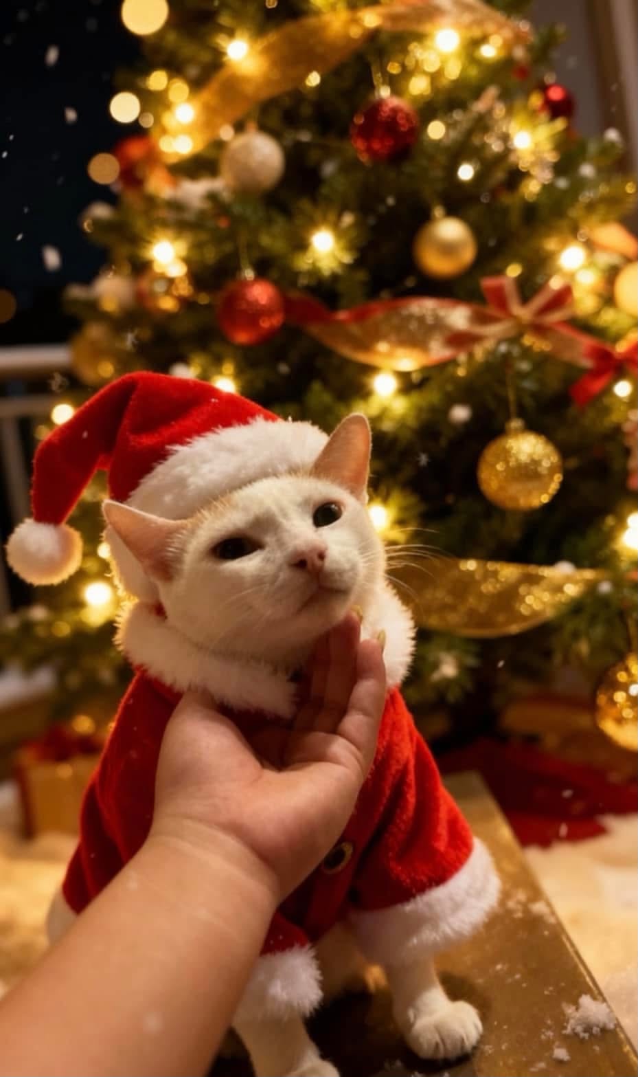 Rica cuddling her white cat by the Christmas tree