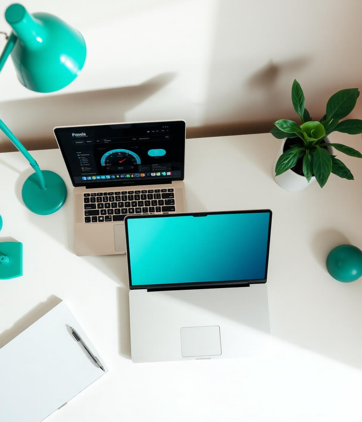 Home office desk with a marketing dashboard open on a laptop