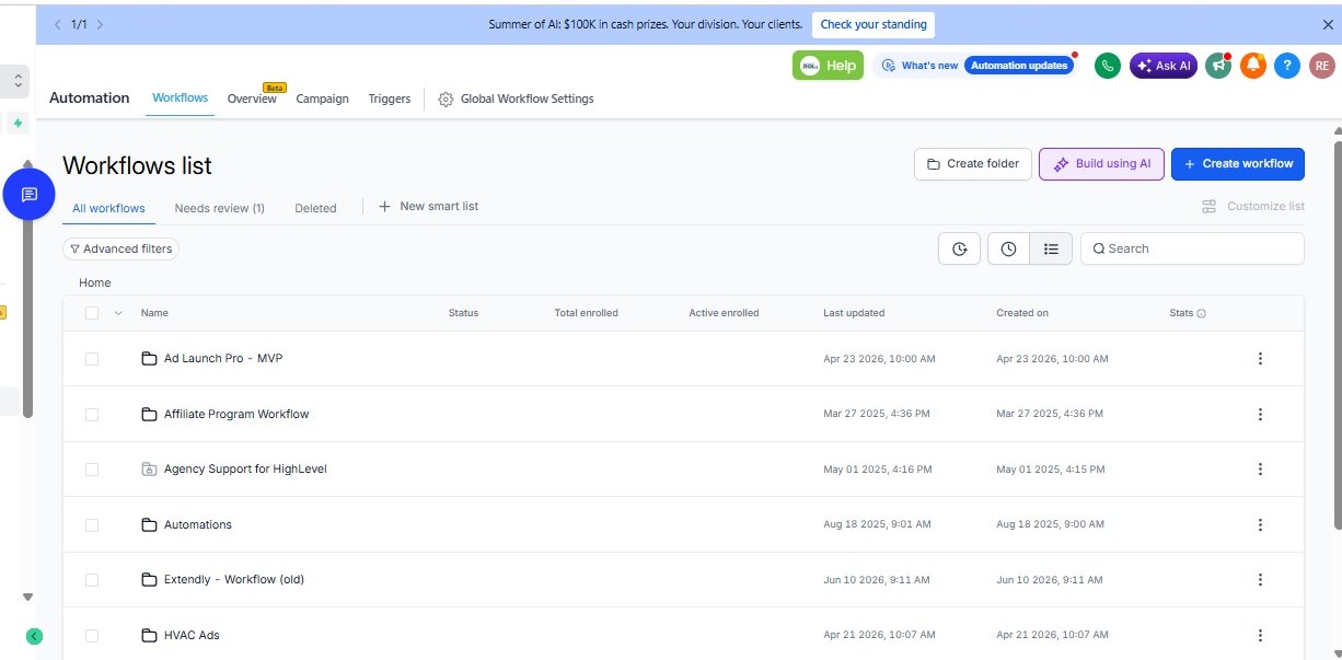 CRM automation workspace showing organised workflow folders