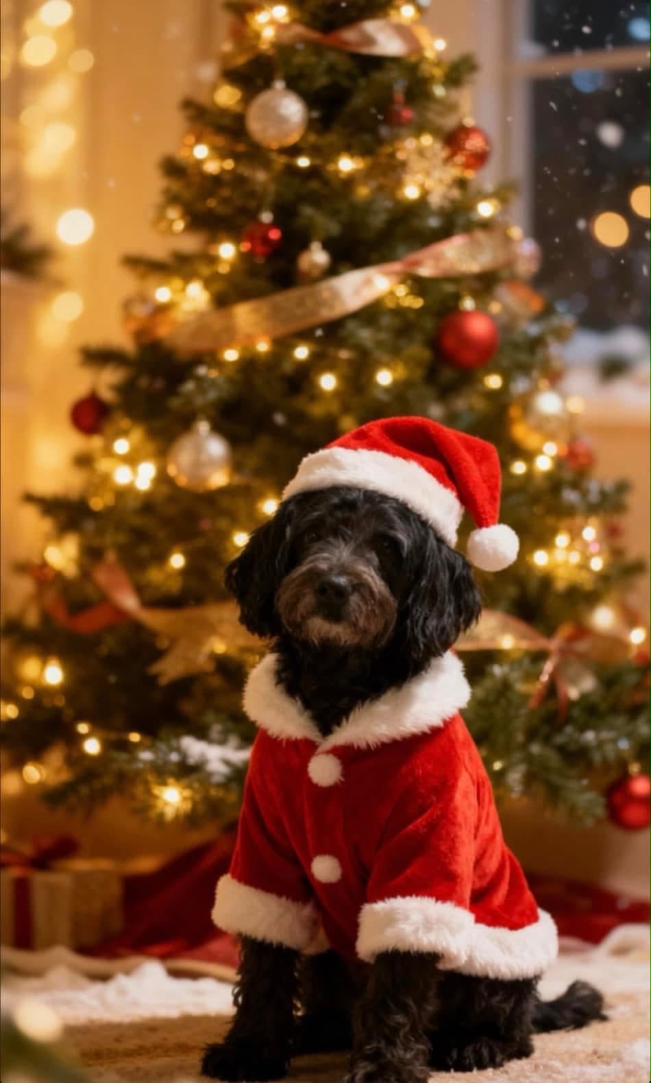 Rica's black dog dressed in a festive red coat by the tree