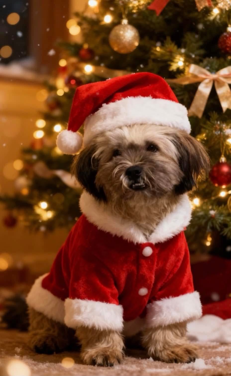 Rica's scruffy brown dog in a red holiday outfit