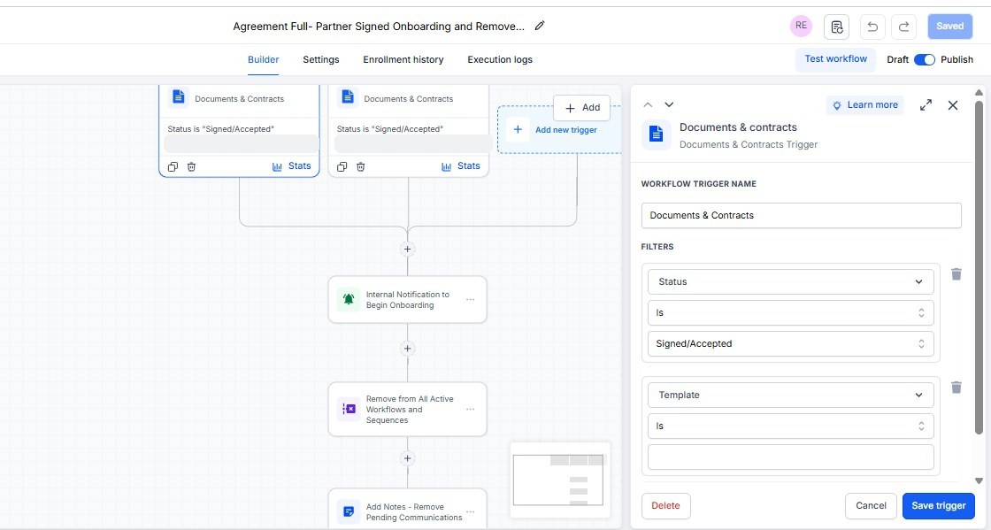Contract signed trigger configured inside a CRM workflow builder